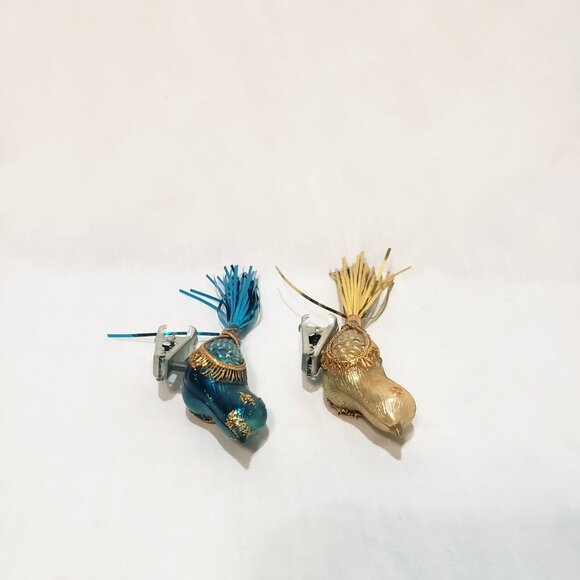 Pair Birds Clip-On Christmas Ornament 5" Vintage Plastic Tinsel Tails Gold Blue - Picture 6 of 7